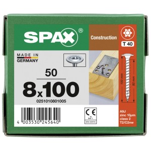 Viti a testa svasata Spax 8x100 mm, 50 pezzi in una scatola. Viti per legno per costruzioni in legno.