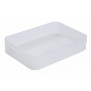 Transparente Rotho Box Pure flach A5, ideal zur Aufbewahrung im Büro oder Bad.