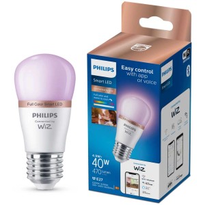 Lampadina LED Smart Philips, forma a goccia, E27, dimmerabile, luce colorata e confezione.
