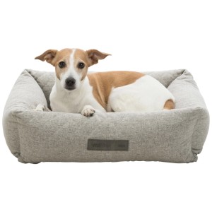 Chien couché dans le panier pour chien Trixie Noah gris clair (60x50 cm). Le panier carré est en polyester.