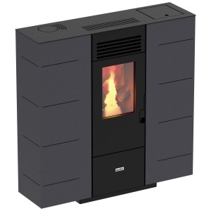 Poêle à granulés Ecofox Orione 6, gris moucheté, avec flammes visibles dans la fenêtre. Poêle à granulés moderne pour une chaleur confortable.