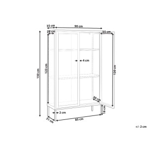 Schéma de la vitrine Beliani Nash, blanche, 150x90x35cm, avec dimensions.