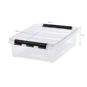 Transparente SmartStore Aufbewahrungsbox Classic 7,5 l mit Deckel und schwarzen Clips, Maße eingezeichnet.