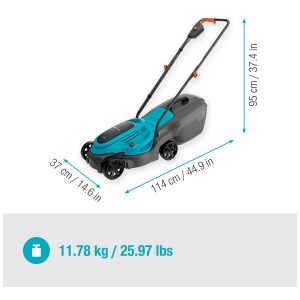 Gardena EasyMax 32 cm rasaerba a batteria, blu-grigio, con batteria e caricabatterie. Ideale per piccoli giardini.