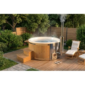 Bain nordique Finntherm Stockholm en bois thermo traité, Ø 200 cm avec poêle et minibar sur terrasse en bois.