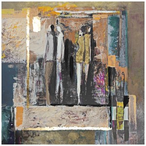 Quadro su tela dipinto a mano Loneliness, 70x70 cm, figure astratte in oro, nero e bianco.