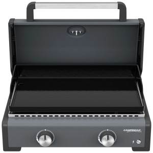 Campingaz Plancha Sigma 2 Cook, barbecue a gas nero con coperchio aperto.