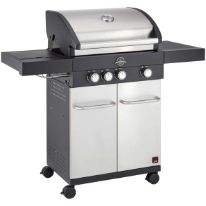 Barbecue à gaz Jamestown Maddox 3 brûleurs avec tablettes latérales et design en acier inoxydable.