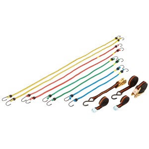 Kit de sangles LUX, 12 pièces : Sangles d'arrimage avec crochets et boucle à came, plus sandows de différentes tailles.
