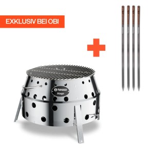 Set de grill Petromax Atago avec 4 brochettes en acier inoxydable, idéal pour le camping et les aventures en plein air.