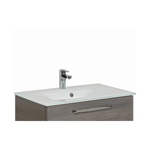 Vasque en verre Pelipal Quantum Kompakt avec robinet et meuble sous-vasque aspect bois.