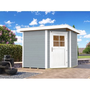 Casetta da giardino in legno grigio Angolo B con tetto piatto e porta bianca, 239x235 cm.