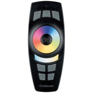 Schwarze Paulmann SmartHome ZigBee Fernbedienung mit Farbrad und Tasten.