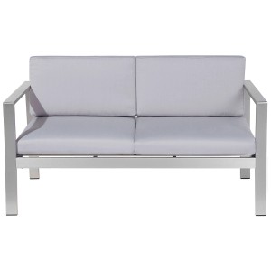 Banc de jardin 2 places Salerno gris clair moderne avec coussins.