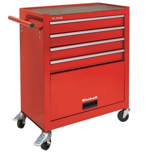 Chariot d'atelier rouge Einhell TC-TW 100 avec 4 tiroirs, compartiment de rangement et roulettes.