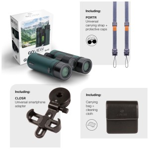 GoView Zoomr 8x42 Fernglas in Eichengrün mit Zubehör wie Smartphone-Adapter und Tragetasche.