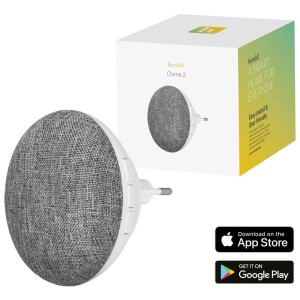 Hombli Chime 2 Türgong mit Stoffbezug und Verpackung. Drahtloser Gong für Smart Home.
