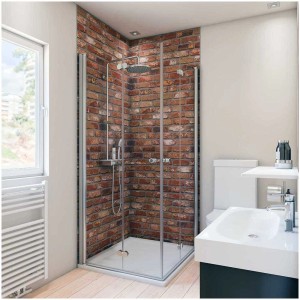 Pannello posteriore doccia Breuer effetto mattone rosso (100x255 cm) dietro una cabina doccia in bagno.