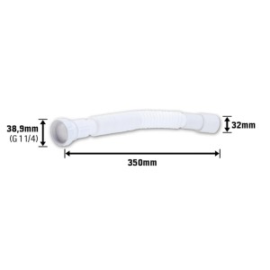 Siphon flexible blanc, longueur 35 cm, avec des diamètres de 38,9 mm et 32 mm.