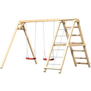 Balancelle double Karibu Felix avec structure d'escalade et siège rouge en bois.