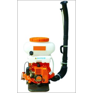 Spruzzatore a benzina con serbatoio da 14 l, motore arancione e tubo di spruzzo nero.