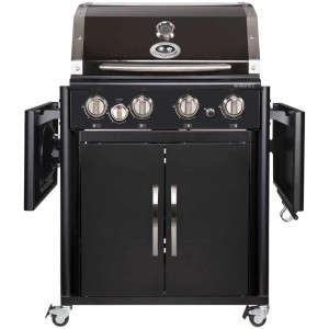 Barbecue a gas Outdoorchef Australia 425 G Nero, assemblato, con quattro bruciatori e fornello laterale.