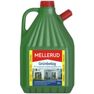Antialga Mellerud 5L in tanica verde con coperchio e beccuccio rossi.