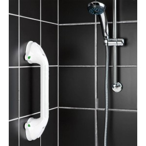 Barre d'appui murale Wenko Secura, 42 cm, blanche, avec fonction de signalisation, fixée sur un mur noir.