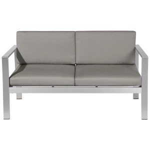 Banc de jardin Beliani Salerno en métal gris foncé avec coussins gris pour deux personnes.