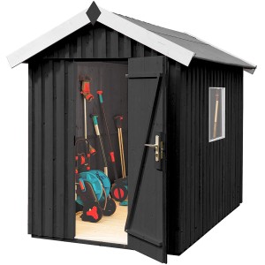 Casetta da giardino in legno Weka verniciata con tetto a due falde, 200x208 cm, con porta aperta e attrezzi da giardino.
