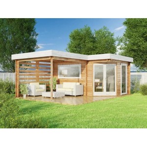 Casetta da giardino in legno Alpholz Pepe Optima non trattata con tetto piatto e terrazza in giardino.