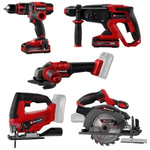 Set d'outils sans fil Einhell TE-TK 18/5 Li Plus 2 avec perceuse-visseuse, scie sauteuse, scie circulaire, perforateur et meuleuse d'angle.