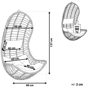 Schizzo della sedia sospesa in rattan Beliani Pineto con dimensioni e peso massimo supportato.