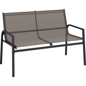 Ensemble de meubles de jardin Tapena : banc 2 places avec structure en acier noir et revêtement textile taupe.
