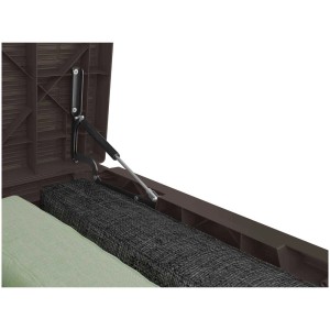 Coffre de rangement Java en plastique marron ouvert aspect rotin avec coussins à l'intérieur.