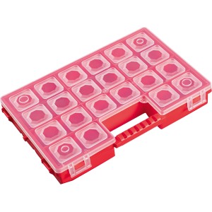 Roter LUX Sortierkasten mit transparentem Deckel und 8 Fächern zur Aufbewahrung.