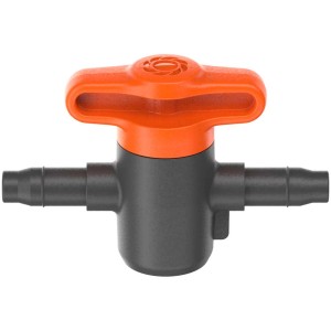 Valvola di intercettazione Gardena 3/16 per Micro-Drip-System, manopola arancione, corpo grigio.