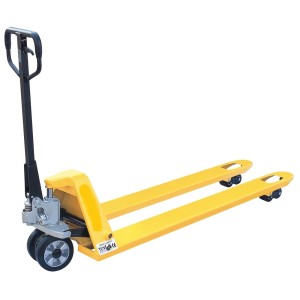 Transpallet Eco giallo con rulli tandem, portata fino a 2000 kg.