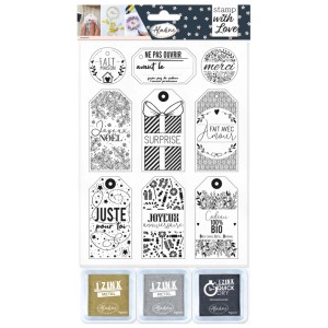 Aladine Stempelset With Love mit Etiketten und Stempelkissen für Geschenkverpackungen.