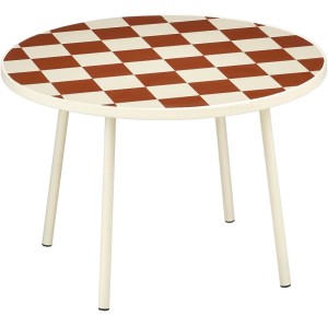 Table d'appoint ronde Mica Bologna en fer, blanc cassé, motif échiquier rouge et blanc. Table de jardin.