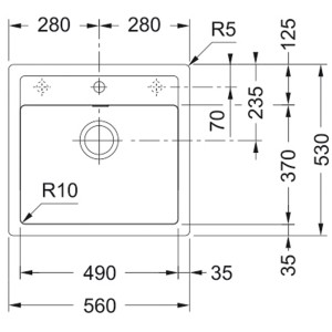Disegno tecnico del lavello nero Franke Sirius SID 610-49 TL Tectonite con dimensioni.