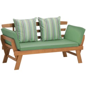 Banc multifonctionnel Velden en acacia avec coussins vert menthe, comme mobilier de jardin lounge.