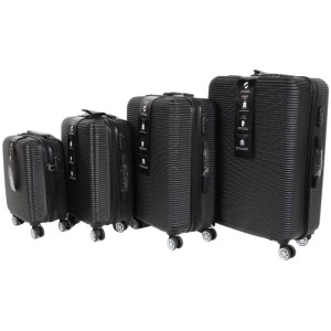Vierteiliges schwarzes Darwin Hartschalenkoffer-Set mit Rollen in verschiedenen Größen für Reise.