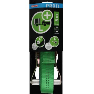 Cinghia di fissaggio carico verde, larghezza 36mm, lunghezza 6m, con cricchetto per rimorchi auto.