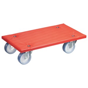 Chariot de transport Wagner avec plateau de chargement rouge et quatre roues, capacité de charge 400 kg.