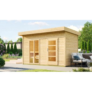 Sauna Weka Farsund avec sas, fenêtre panoramique et pack technique 9 kW en bois naturel.