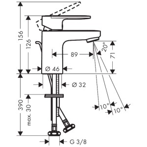 Disegno tecnico: Miscelatore lavabo Hansgrohe Vernis Blend 70, nero opaco, dimensioni e angoli.