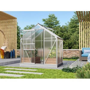 Serra Vitavia Venus 2500 con telaio in alluminio e porta scorrevole in giardino.
