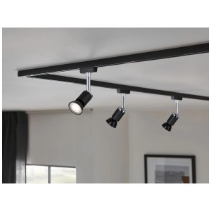 Lampadina LED Paulmann nera (750 lm) in un sistema di binari con tre faretti.