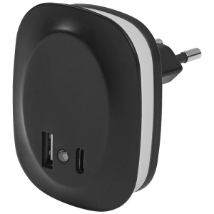 Luce notturna da presa Osram Lunetta Edge nera con porta USB-A e USB-C.